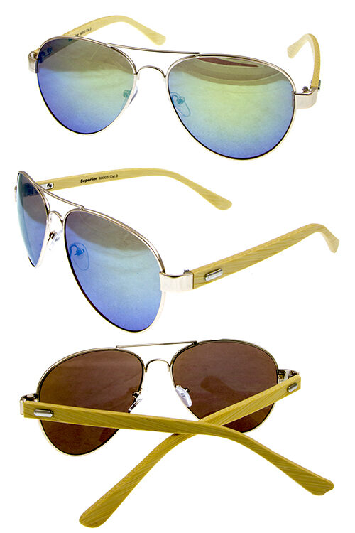 Unisex aviator real bamboo wood eco friendly metal blended sunglasses